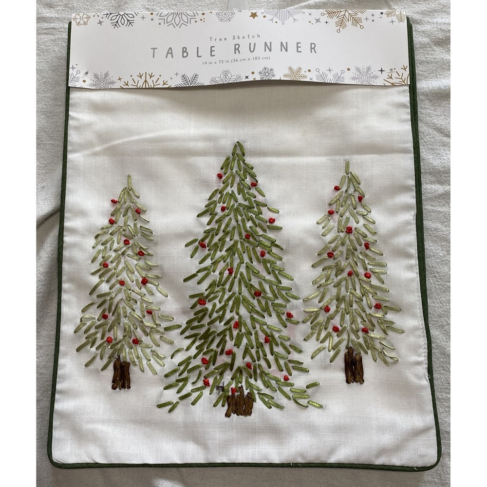 Holiday Tree Sketch Table Runner 14x72 Embroidered Christmas Red Green White